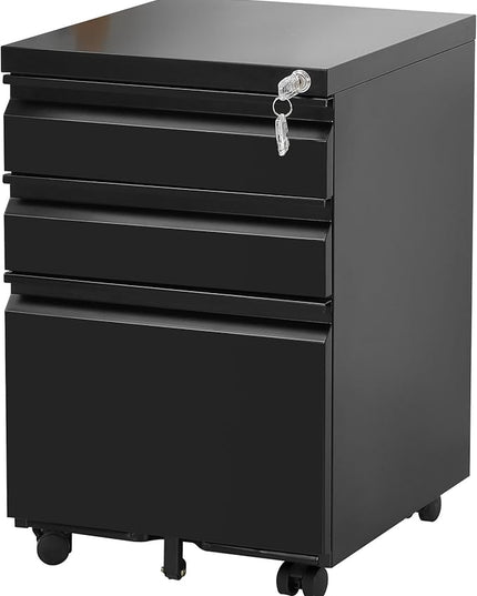 3-Drawer Mobile File Cabinets Rolling Metal Filing Cabinet for Legal & Letter File Anti-tilt Design with Lock Under Desk Office Drawers Fully Assembled Except Casters Black - LeafyLoom