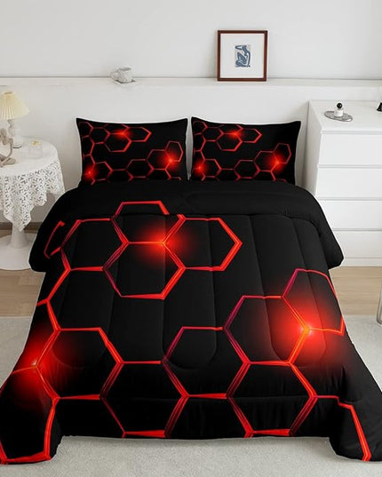 Honeycomb Kids Comforter Set Modern Geometry Hexagon Bedding Set for Boys Children Teens Bedroom Decor Geometrical Comforter Beehive Geometric Black Red Duvet Set Full Size with 3 Pillow Case - LeafyLoom