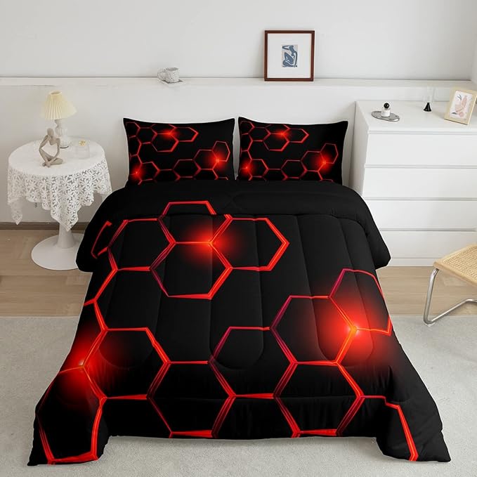 Honeycomb Kids Comforter Set Modern Geometry Hexagon Bedding Set for Boys Children Teens Bedroom Decor Geometrical Comforter Beehive Geometric Black Red Duvet Set Full Size with 3 Pillow Case - LeafyLoom