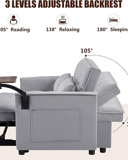 3 in 1 Loveseat Velvet Convertible Chair with 2 Pockets & 2 Pillows for Living Room, Grey - LeafyLoom