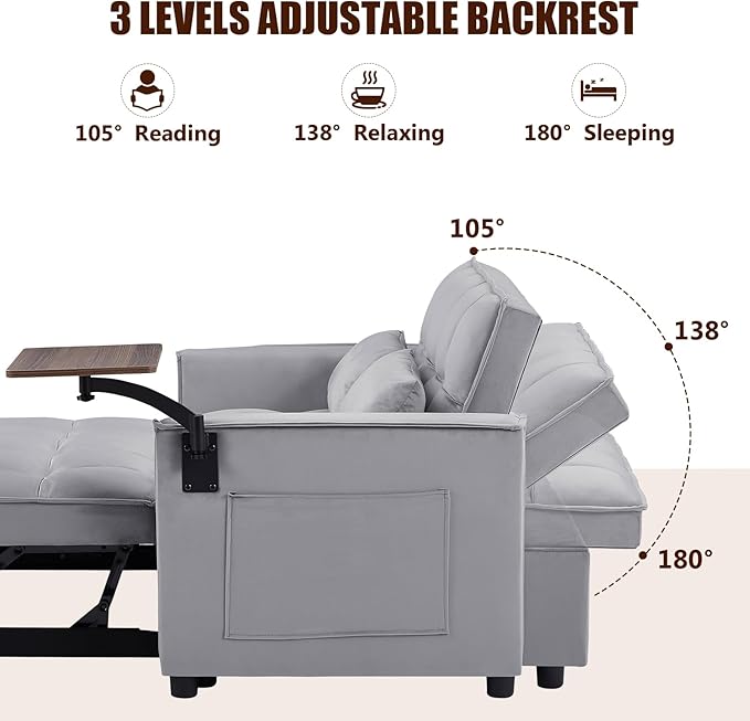 3 in 1 Loveseat Velvet Convertible Chair with 2 Pockets & 2 Pillows for Living Room, Grey - LeafyLoom