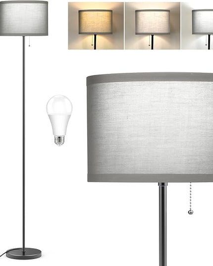 LED Floor Lamp for Bedroom, 3 Color Temperature Modern Standing Lamp, Modern Tall Lamp for Living Room, Grey Minimalist Pole Lamp with Pull Chain, Stand Up Lamp for Nursery Hotel, 9W Bulb Included - LeafyLoom