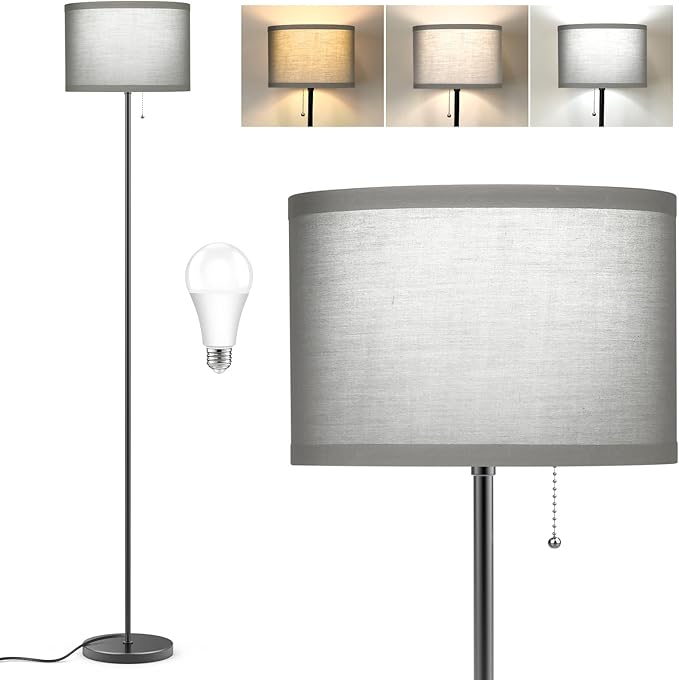 LED Floor Lamp for Bedroom, 3 Color Temperature Modern Standing Lamp, Modern Tall Lamp for Living Room, Grey Minimalist Pole Lamp with Pull Chain, Stand Up Lamp for Nursery Hotel, 9W Bulb Included - LeafyLoom