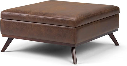SIMPLIHOME Owen 36 Inch Wide Mid Century Modern Square Coffee Table Lift Top Storage Ottoman in Upholstered Distressed Chestnut Brown Faux Leather, For the Living Room - LeafyLoom