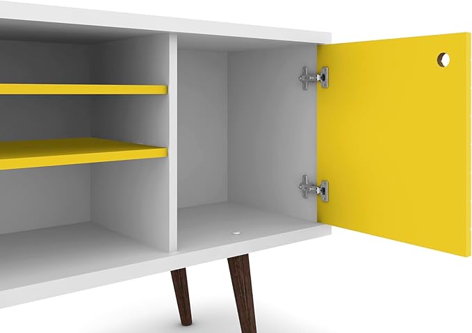 Manhattan Comfort Liberty Mid Century Modern TV Stand for Televisions up to 50 Inches, Bedroom and Living Room Entertainment Center with Storage, Shelves, and Cabinet, 53" Wide, White/Yellow - LeafyLoom