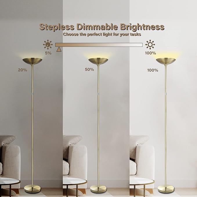 BoostArea Torchiere Standing Lamp,20W 2000LM LED Halogen Stepless Dimmable,Touch Control,50000hrs Lifespan,Pale Floor Lamps for Living Room, Bedroom,Gold - LeafyLoom