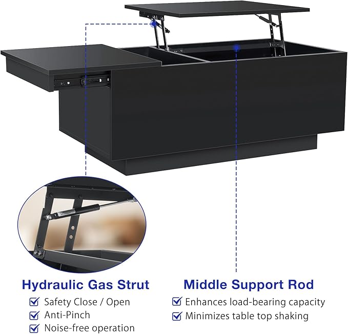 HOMMPA LED Coffee Table for Living Room Lift Top Coffee Tables with Power Outlet Black Morden Center Table with Storage Hidden Compartment High Gloss Lift Tabletop - LeafyLoom