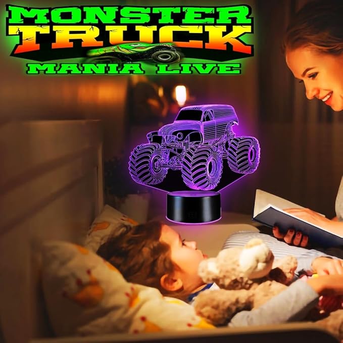 Monster Trucks Night Light for Boys 3D LED Lamp, Home Decor Lighting for Kids Room, Perfect Kids Room Decor, Inspired by The Iconic Grave Digger Monster Truck, Ideal Gift for Kids Fans - LeafyLoom