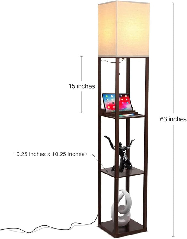 Brightech Maxwell Charger - Modern Shelf Floor Lamp with USB Charging Ports & Electric Outlet - Corner Display Floor Lamps with Shelves for Living Room, Bedroom and Office - Havana Brown - LeafyLoom