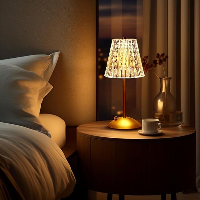 Portable Crystal LED Table Lamp, 3-Levels Brightness Desk Lamp, 3 Color Touch Control Rechargeable Lamp, Night Light, Bedside Lamp,Dining Room Lamp (Gold) - LeafyLoom