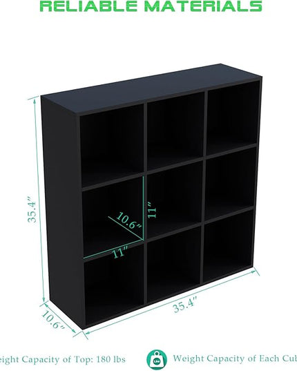 9-Cube Storage Shelf Bookcase - Wooden 3-Tier Free Standing Open Bookshelf for Home and Office, Organizer Cabinet in Black - LeafyLoom