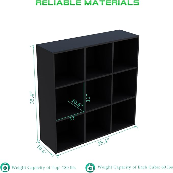 9-Cube Storage Shelf Bookcase - Wooden 3-Tier Free Standing Open Bookshelf for Home and Office, Organizer Cabinet in Black - LeafyLoom