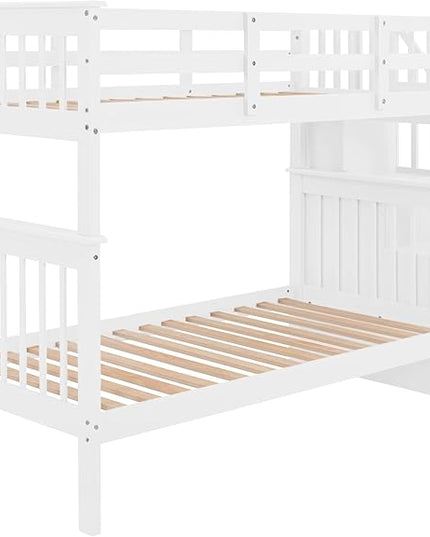 Twin Over Twin Bunk Bed with Storage Stairs, Detachable into Two Platform Bedframe, Wooden Bunkbeds with Staircase, Bedroom Furniture for Kids Teens Adults, White - LeafyLoom