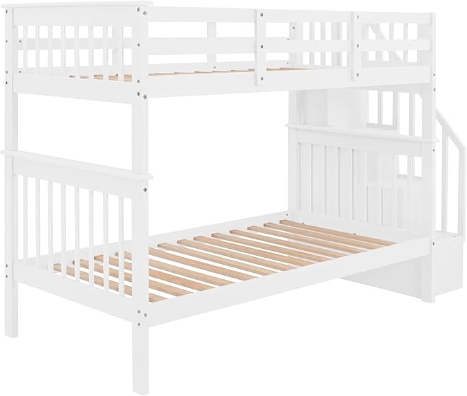 Twin Over Twin Bunk Bed with Storage Stairs, Detachable into Two Platform Bedframe, Wooden Bunkbeds with Staircase, Bedroom Furniture for Kids Teens Adults, White - LeafyLoom