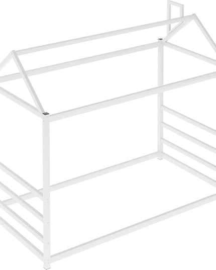 Bellemave Twin Size Montessori Floor Bed for Kids,Floor Bed with Roof, House Bed for Boys Girls,Metal House Shape Platform Bed Twin,White - LeafyLoom