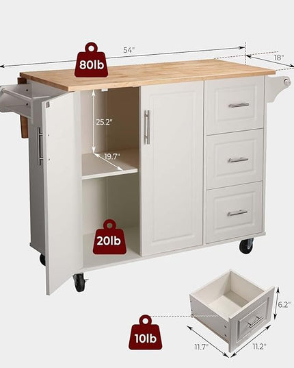54" Rolling Kitchen Island Cart with Storage, Large Kitchen Cart Cabinet with Folding Drop Leaf Breakfast Bar, Wood Island Table for Kitchen with 3 Drawers and Spice Rack & Towel Rack, White - LeafyLoom