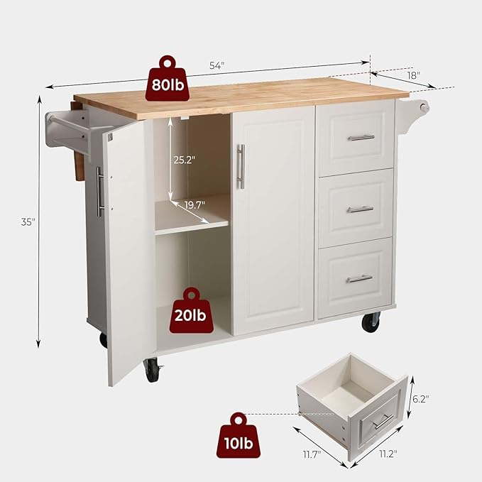 54" Rolling Kitchen Island Cart with Storage, Large Kitchen Cart Cabinet with Folding Drop Leaf Breakfast Bar, Wood Island Table for Kitchen with 3 Drawers and Spice Rack & Towel Rack, White - LeafyLoom