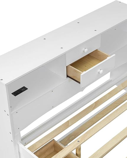 Full Size Wood Pltaform Trundle and 3 Drawers/Upper Shelves,Multifunctional Storage Bed Frame,W/a Set of USB Ports & Sockets,for Apartment,Bedroom,Living Room,White - LeafyLoom