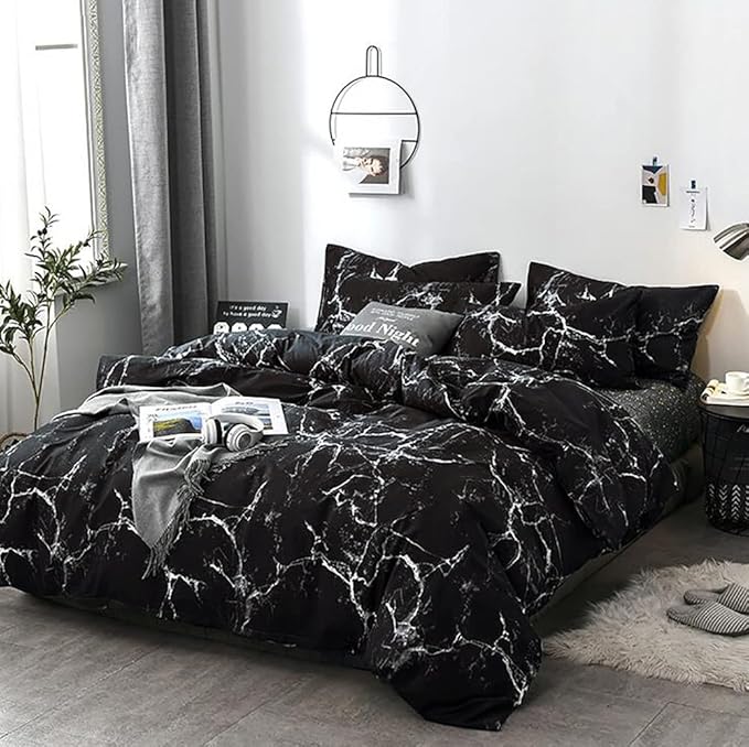 Black Marble Comforter Set Full/Queen White Texture Bedding Reversible Teen Boy Men Full Size Soft Lightweight Quilt Set, 3 PCs( 1 Comforter, 2 Pillowcases) - LeafyLoom