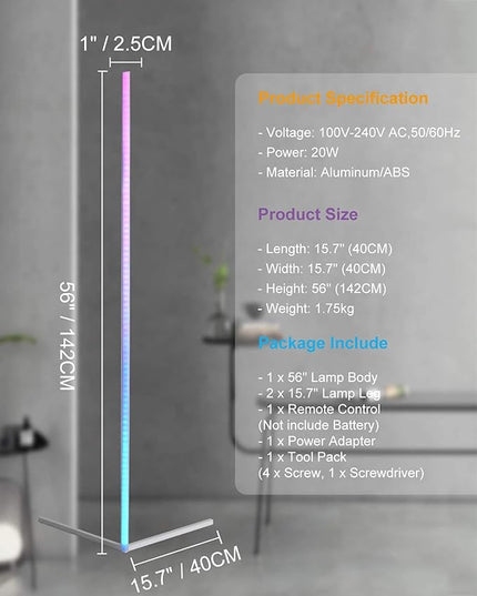 TACAHE Corner Floor Lamp - RGB Color Changing Mood Lighting, Dimmable LED Modern Floor Lamp with Remote, 56" Metal Standing Lamp for Living Room, Bedroom 20W - White - LeafyLoom