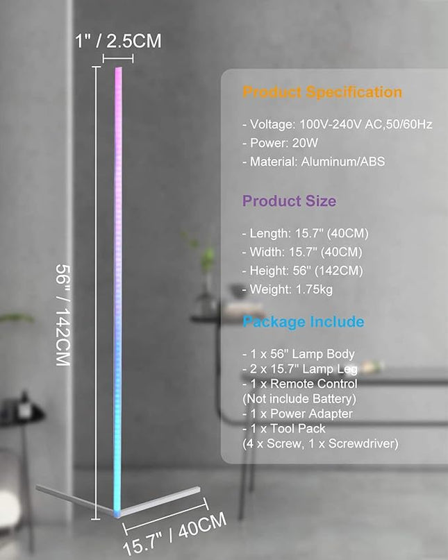 TACAHE Corner Floor Lamp - RGB Color Changing Mood Lighting, Dimmable LED Modern Floor Lamp with Remote, 56" Metal Standing Lamp for Living Room, Bedroom 20W - White - LeafyLoom