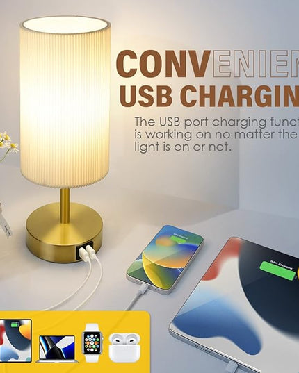 Bedside Lamp with USB port - Touch Control Table Lamp for Bedroom Wood 3 Way Dimmable Nightstand Lamp with Round Pleated Shade for Living Room, Dorm, Home Office (LED Bulb Included) (Pleated) - LeafyLoom