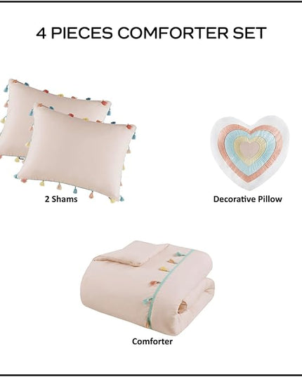 Mi Zone Kids Queen Comforter Set for Girls, Pink Comforter Set Queen, Tessa Adorable Teen Bedding Sets for Girls, Fun Colorful Pom Pom Tassel, Sham, Boho Heart Throw Pillow, Full/Queen, Blush 4 Piece - LeafyLoom