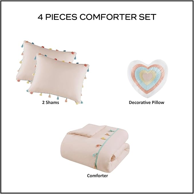 Mi Zone Kids Queen Comforter Set for Girls, Pink Comforter Set Queen, Tessa Adorable Teen Bedding Sets for Girls, Fun Colorful Pom Pom Tassel, Sham, Boho Heart Throw Pillow, Full/Queen, Blush 4 Piece - LeafyLoom