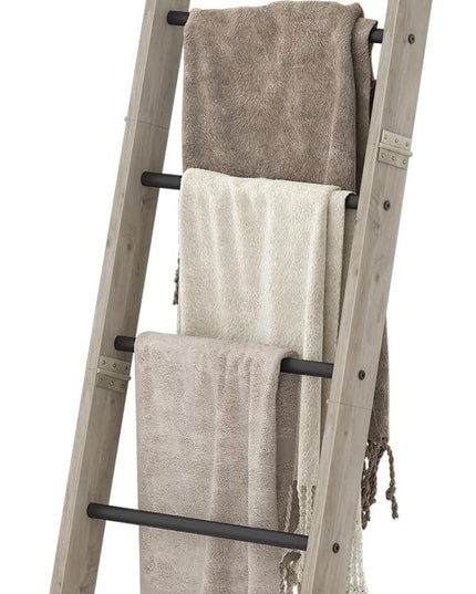 Blanket Ladder Shelf for Living Room, Decorative Wood Quilt Rack with 4 Removable Hooks, 6-Tier Farmhouse Ladder Holder Organizer for Bedroom, Greige and Black BR31505B - LeafyLoom