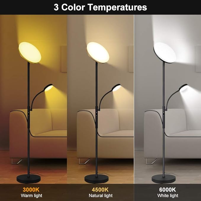 Dimunt and JOOFO LED Floor Lamps Bundle - 27W/2000LM Main Light with 7W/350LM Reading Lamp and 30W/2400LM 3 Color Temperature Torchiere Pole Light - LeafyLoom