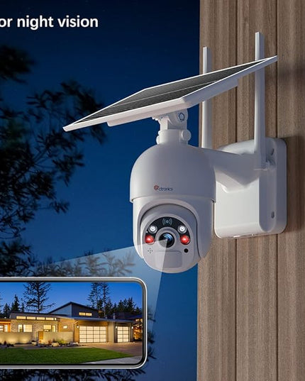 Ctronics 3MP Solar Security Camera Wireless Outdoor WiFi, PTZ Surveillacne Camera Battery-Powered for Home Security, 360° View, Spotlight Color Night Vision, PIR Human Detection, 2-Way Audio (White) Ctronics