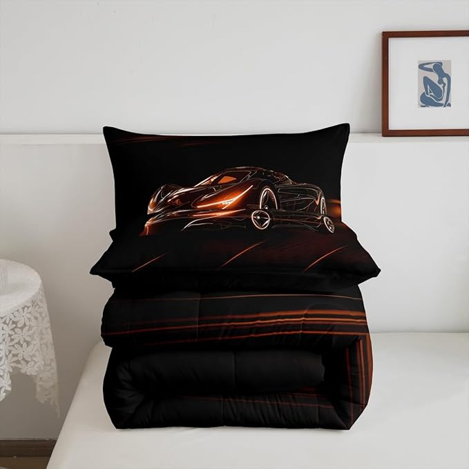 Feelyou Orange Race Car Bedding Set King Size for Kids Boys Extreme Sport Games Comforter Set Teens Toddler Fast and Furious Duvet Set Cool Modern Quilt Set 3Pcs - LeafyLoom