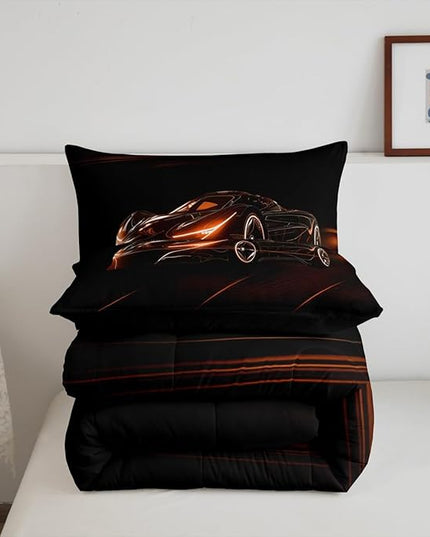 Feelyou Orange Race Car Bedding Set Queen Size for Kids Boys Extreme Sport Games Comforter Set Teens Toddler Fast and Furious Duvet Set Cool Modern Quilt Set 3Pcs - LeafyLoom