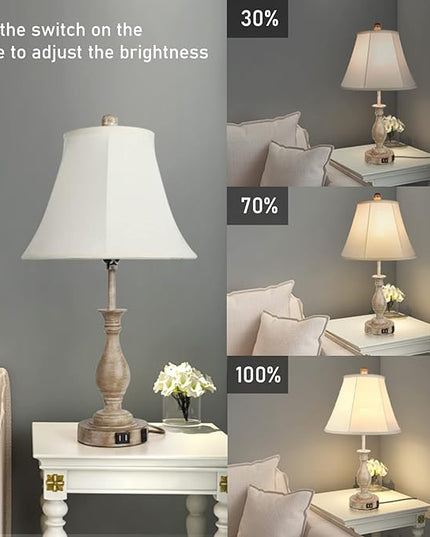 Farmhouse Table Lamp Touch Control 3-Way Dimmable, Modern Nightstand Lamp with 2 USB Port Bedside Desk Lamp with Fabric Shade for Living Room Bedroom Hotel (Pack-01) - LeafyLoom