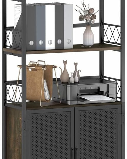 Farmhouse Bookshelf with Storage, Industrial Tall Book Shellf with Doors, Rustic Wood Bookcase with Cabinet for Home Office, Living Room, Bedroom (Walnut Brown) - LeafyLoom