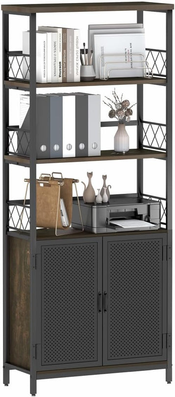 Farmhouse Bookshelf with Storage, Industrial Tall Book Shellf with Doors, Rustic Wood Bookcase with Cabinet for Home Office, Living Room, Bedroom (Walnut Brown) - LeafyLoom
