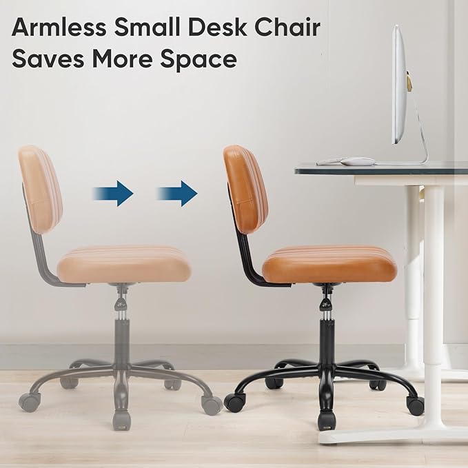 DUMOS Armless Home Office Chair Ergonomic Desk with Comfy Low Back Lumbar Support, Height Adjustable PU Leather Computer Task with 360° Swivel Wheels, for Small Space, Kids and Adults, Brown - LeafyLoom