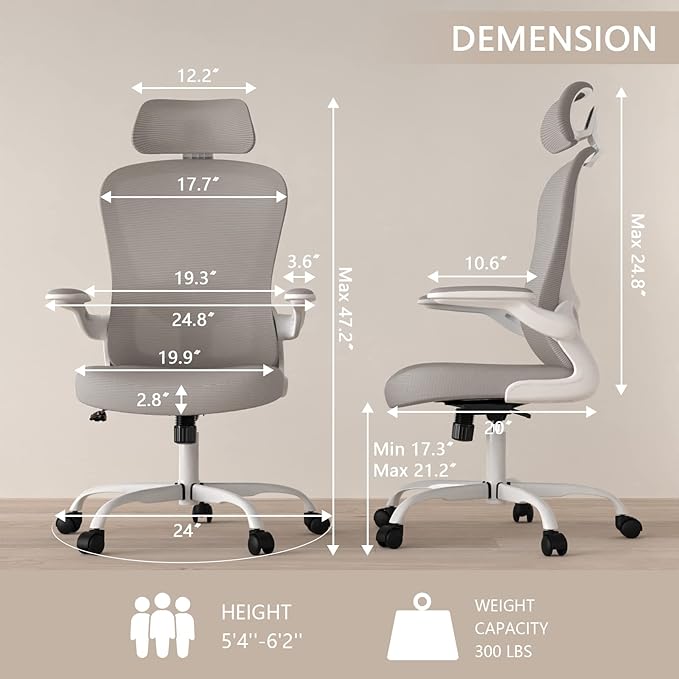 Office Chair, High Back Ergonomic Desk Chair, Breathable Mesh Desk Chair with Adjustable Lumbar Support and Headrest, Swivel Task Chair with flip-up Armrests, Executive Chair for Home Office - LeafyLoom