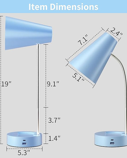 RUNTOP Metal Desk Lamp, Eye-Caring Table Lamp, Study Lamps with Flexible Goose Neck for Bedroom and Office, Desk lamp with USB, 5 Color Temperatures, 5 Brightness Levels (Blue) - LeafyLoom