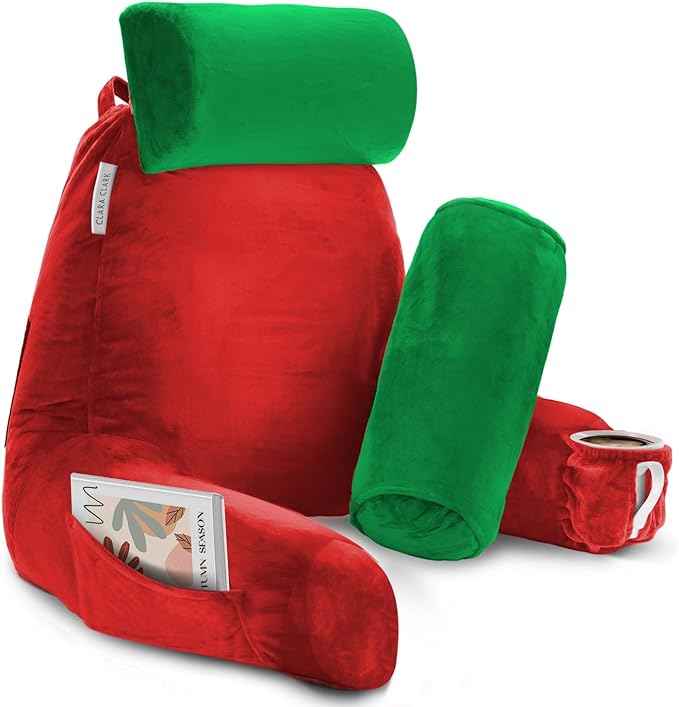 Clara Clark Reading Pillow, Large Back Pillow for Sitting Up in Bed, Memory Foam Back Support Pillow, Reading Pillows for Sitting in Bed Adult Holiday Color Sit Up Pillow for Bed with Arms and Pockets - LeafyLoom