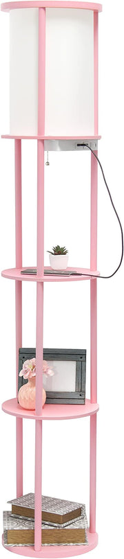 Simple Designs LF2010-LPK 62.5" Round Modern Shelf Etagere Organizer Storage Floor Lamp with 2 USB Charging Ports, 1 Charging Outlet and Linen Shade for Living Room Bedroom Office, Light Pink - LeafyLoom