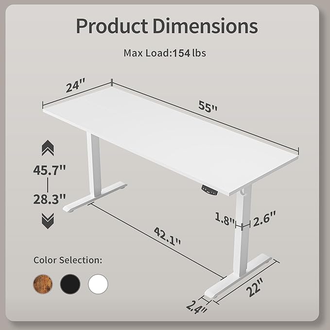 Electric Standing Desk, 55 x 24 Inches Height Adjustable Desk, Sit Stand up Desk for Work Office Home, Ergonomic Rising Computer Table with Memory Preset, White - LeafyLoom