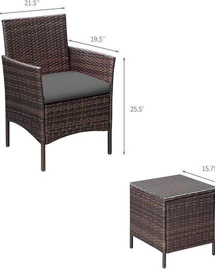 Greesum 3 Pieces Patio Furniture Sets Outdoor PE Rattan Wicker Chairs with Soft Cushion and Glass Coffee Table for Garden Backyard Porch Poolside, Brown and Gray - LeafyLoom