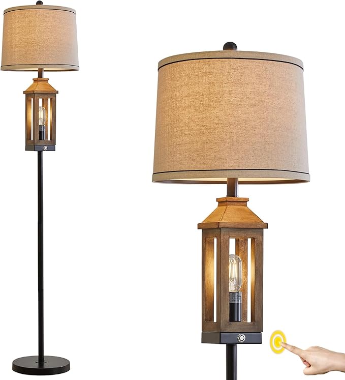 63" Floor Lamps for Living Room Bedside Nightstand Lamp Black Tall Standing Lamp for Home Decor Bedroom Reading Lamp Farmhouse Rustic Bed Lights with 2 Light Sources - LeafyLoom