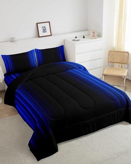 Geometric Abstract Ombre Comforter Set Kids Teens Dark Blue and Black Striped Bedding Bed Set Decor Modern Fashion Comforter Inner Fill Bedroom Collection 3Pcs Full Size - LeafyLoom