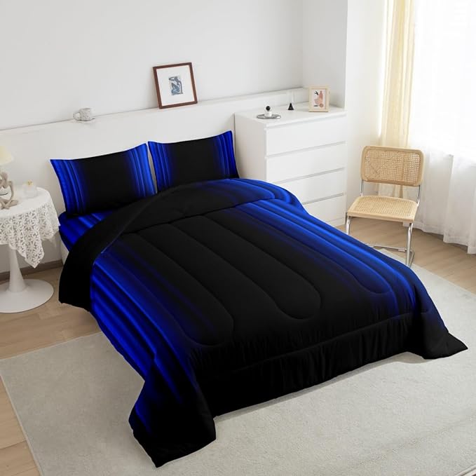 Geometric Abstract Ombre Comforter Set Kids Teens Dark Blue and Black Striped Bedding Bed Set Decor Modern Fashion Comforter Inner Fill Bedroom Collection 3Pcs Full Size - LeafyLoom