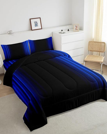 Geometric Abstract Ombre Comforter Set Kids Teens Dark Blue and Black Striped Bedding Bed Set Decor Modern Fashion Comforter Inner Fill Bedroom Collection 3Pcs Queen Size - LeafyLoom
