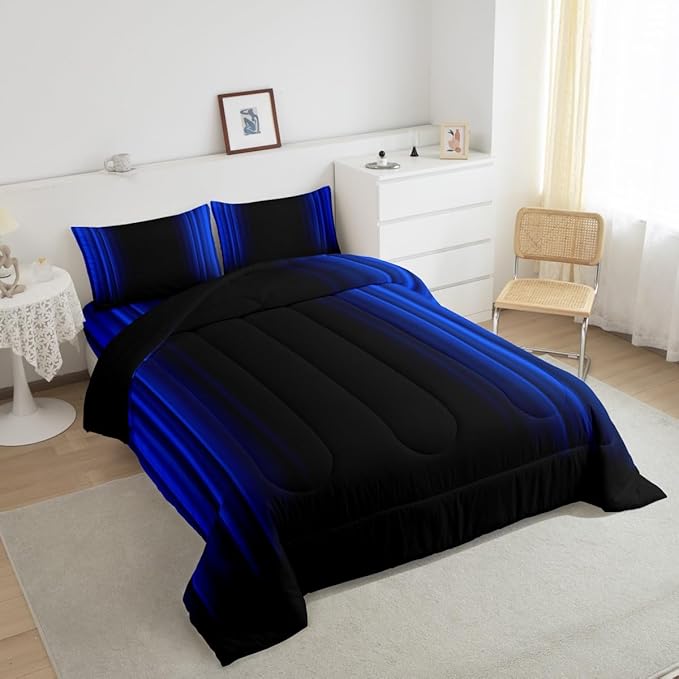 Geometric Abstract Ombre Comforter Set Kids Teens Dark Blue and Black Striped Bedding Bed Set Decor Modern Fashion Comforter Inner Fill Bedroom Collection 3Pcs Queen Size - LeafyLoom