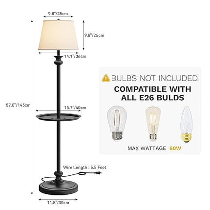 DWVO Floor Lamp with Tray, Retro Style 57'' Metal End Floor Lamp with Linen Shade, Weighted Base, and ON/OFF Rotary Switch for Bedroom, Living Room, Office, Study, Office (Bulbs not Included) - LeafyLoom