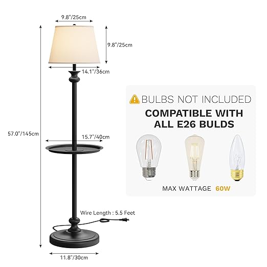 DWVO Floor Lamp with Tray, Retro Style 57'' Metal End Floor Lamp with Linen Shade, Weighted Base, and ON/OFF Rotary Switch for Bedroom, Living Room, Office, Study, Office (Bulbs not Included) - LeafyLoom